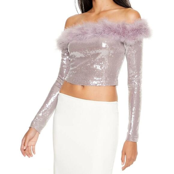 Forever 21 Faux Fur Trim Off Shoulder Sequin Crop Top Sz 3X Lavender Stretch - Picture 6 of 14